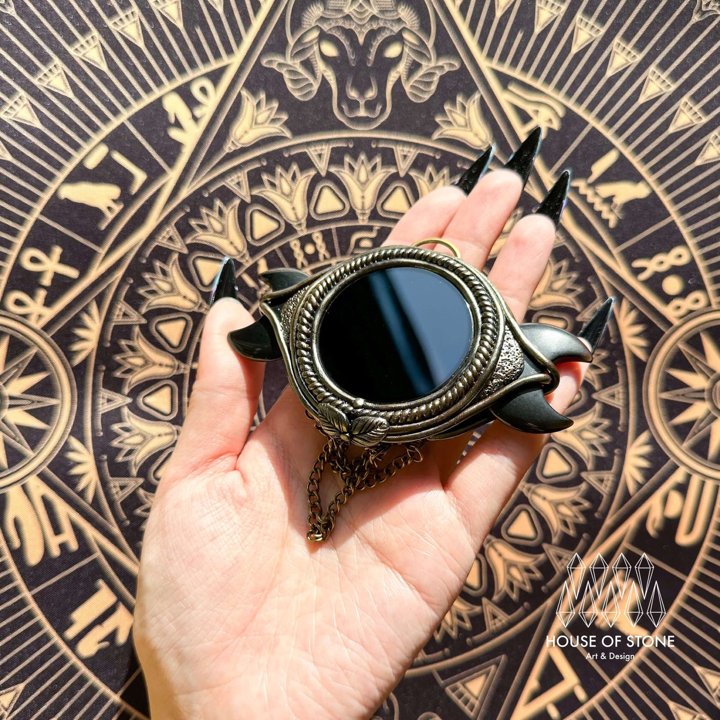 Handmade Natural Black Obsidian Triple Moon Pendant Necklace/Magic Obsidian Mirror Crystal Pendant/Scrying Mirror Protection Jewelry/Altar Tool