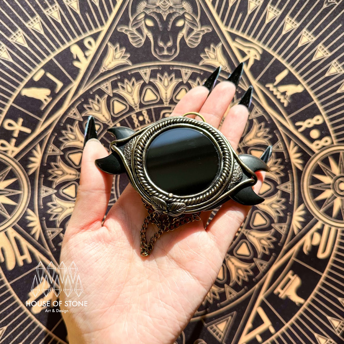 Handmade Natural Black Obsidian Triple Moon Pendant Necklace/Magic Obsidian Mirror Crystal Pendant/Scrying Mirror Protection Jewelry/Altar Tool