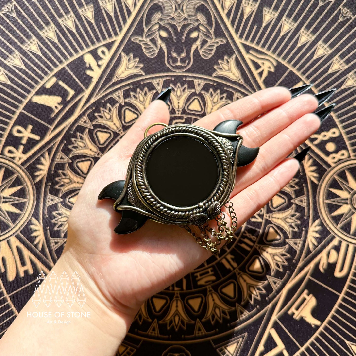 Handmade Natural Black Obsidian Triple Moon Pendant Necklace/Magic Obsidian Mirror Crystal Pendant/Scrying Mirror Protection Jewelry/Altar Tool