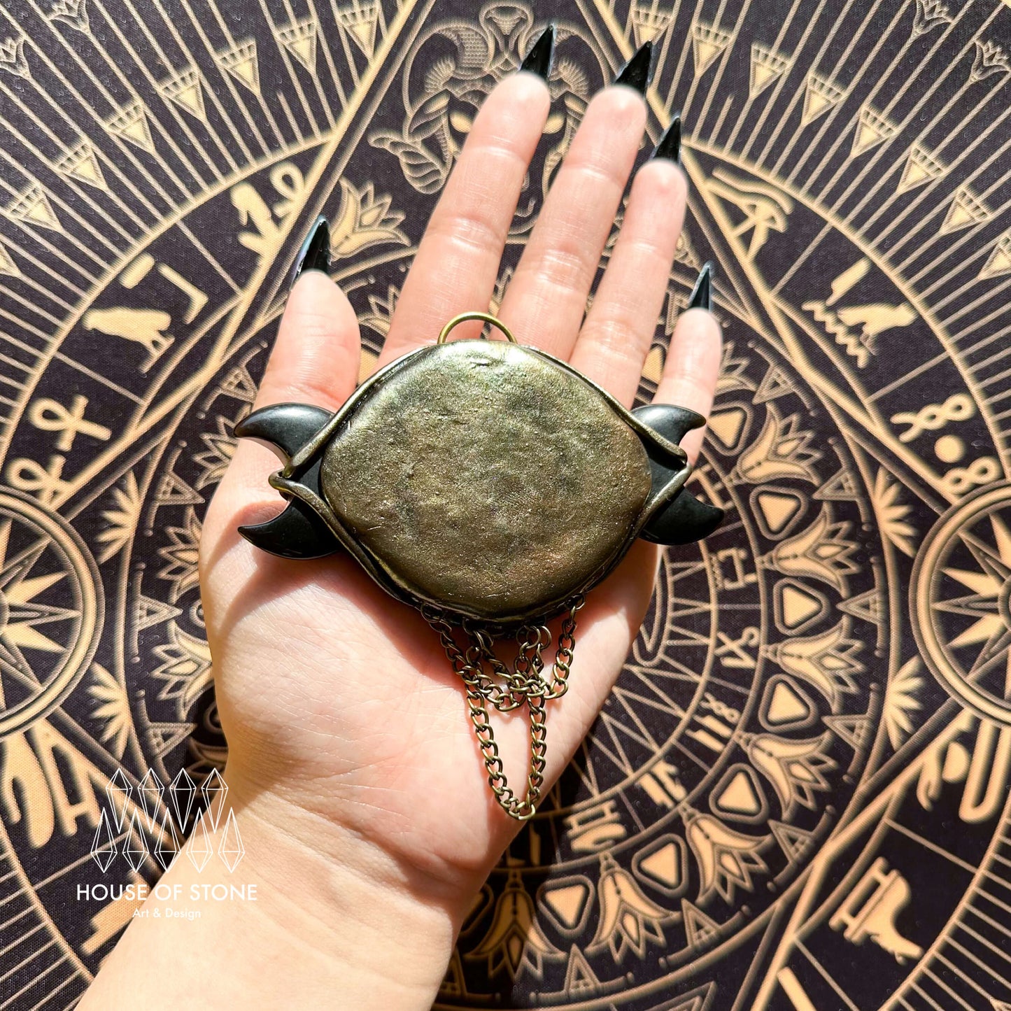 Handmade Natural Black Obsidian Triple Moon Pendant Necklace/Magic Obsidian Mirror Crystal Pendant/Scrying Mirror Protection Jewelry/Altar Tool