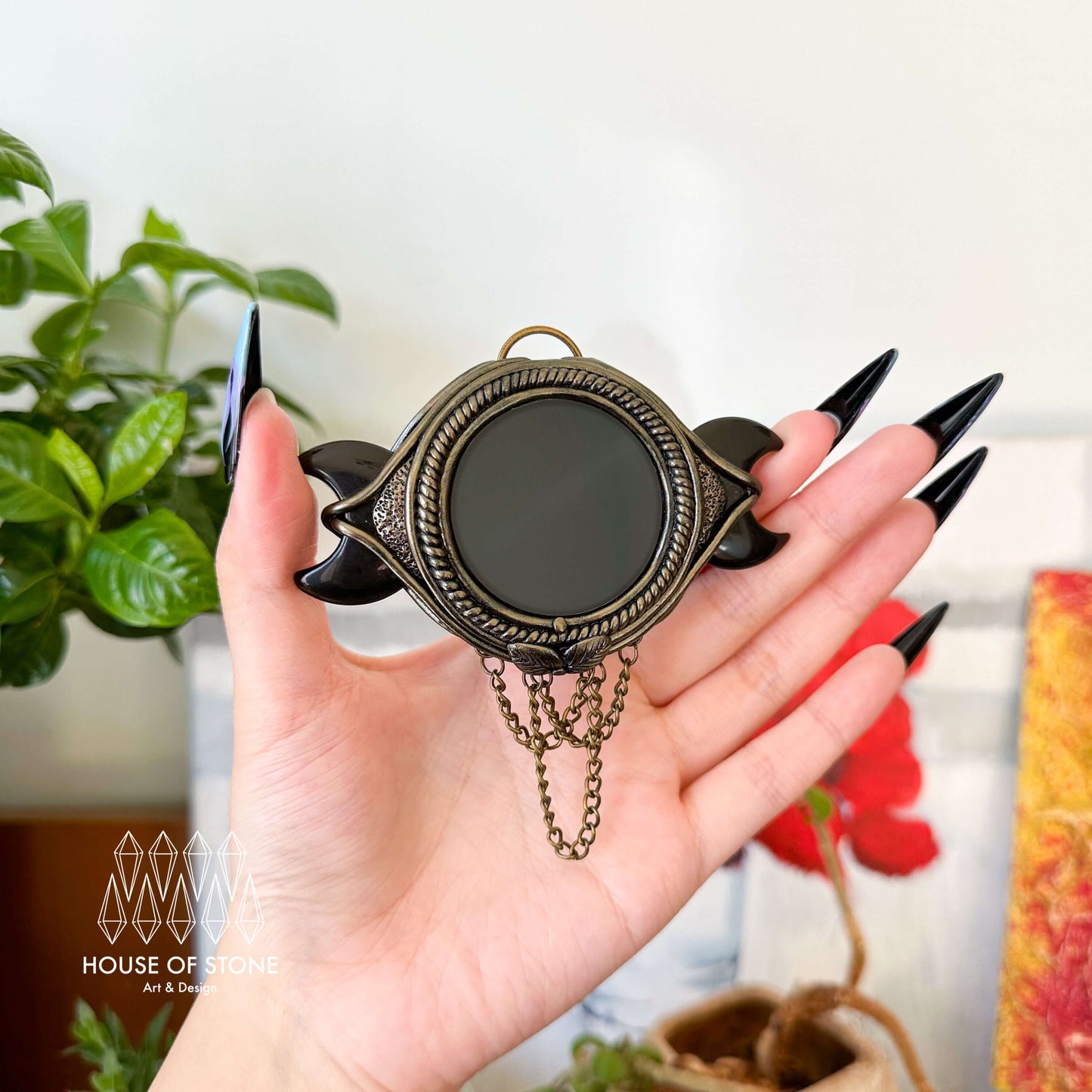 Handmade Natural Black Obsidian Triple Moon Pendant Necklace/Magic Obsidian Mirror Crystal Pendant/Scrying Mirror Protection Jewelry/Altar Tool