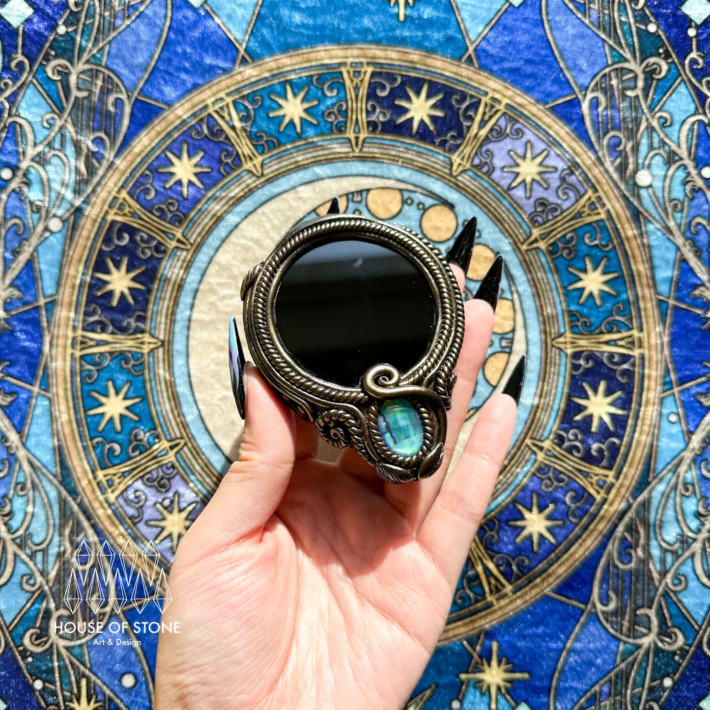 Handmade Natural Black Obsidian Pendant Necklace/Magic Obsidian Mirror Crystal Pendant/Scrying Mirror Abalone Shell Jewelry/Altar Tool