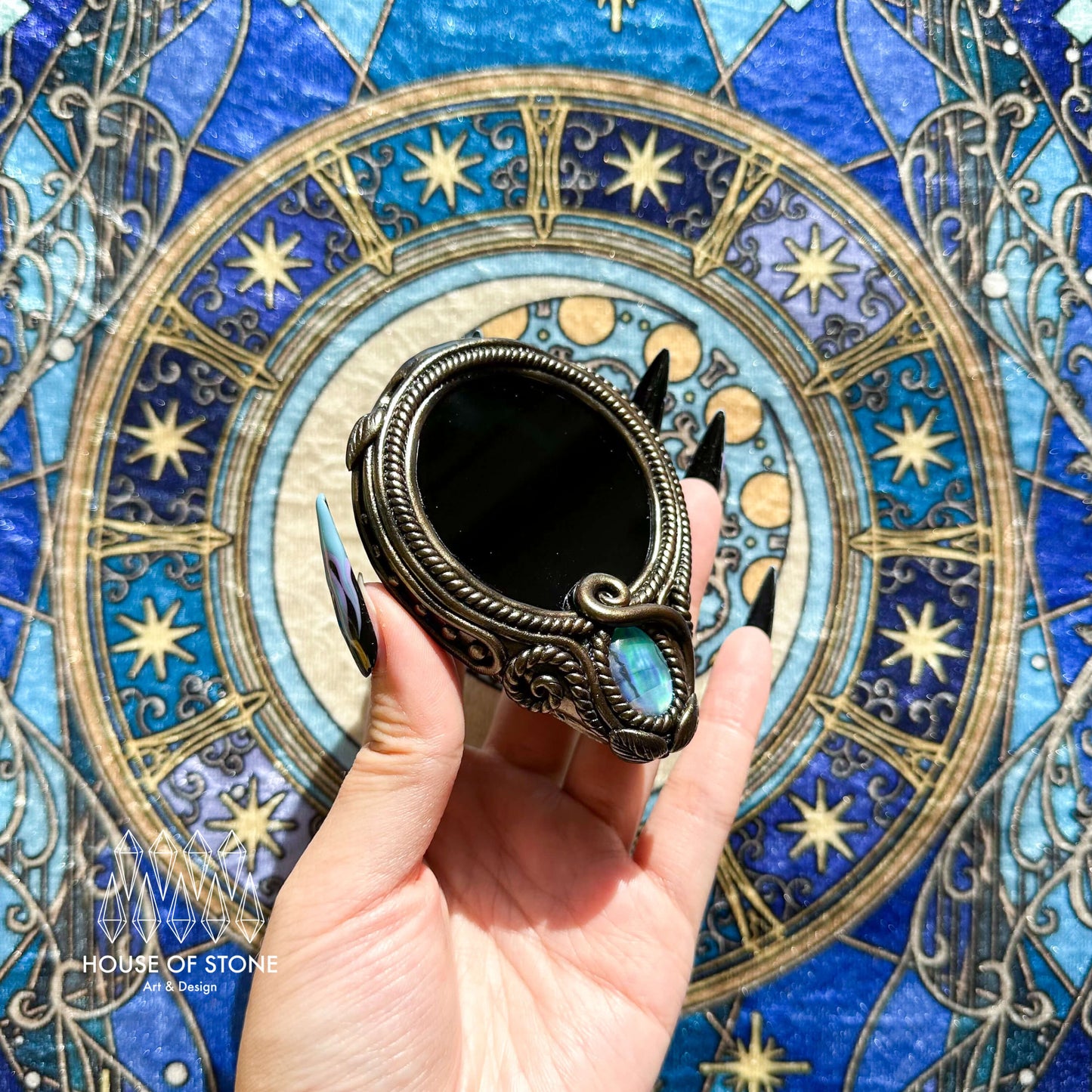 Handmade Natural Black Obsidian Pendant Necklace/Magic Obsidian Mirror Crystal Pendant/Scrying Mirror Abalone Shell Jewelry/Altar Tool