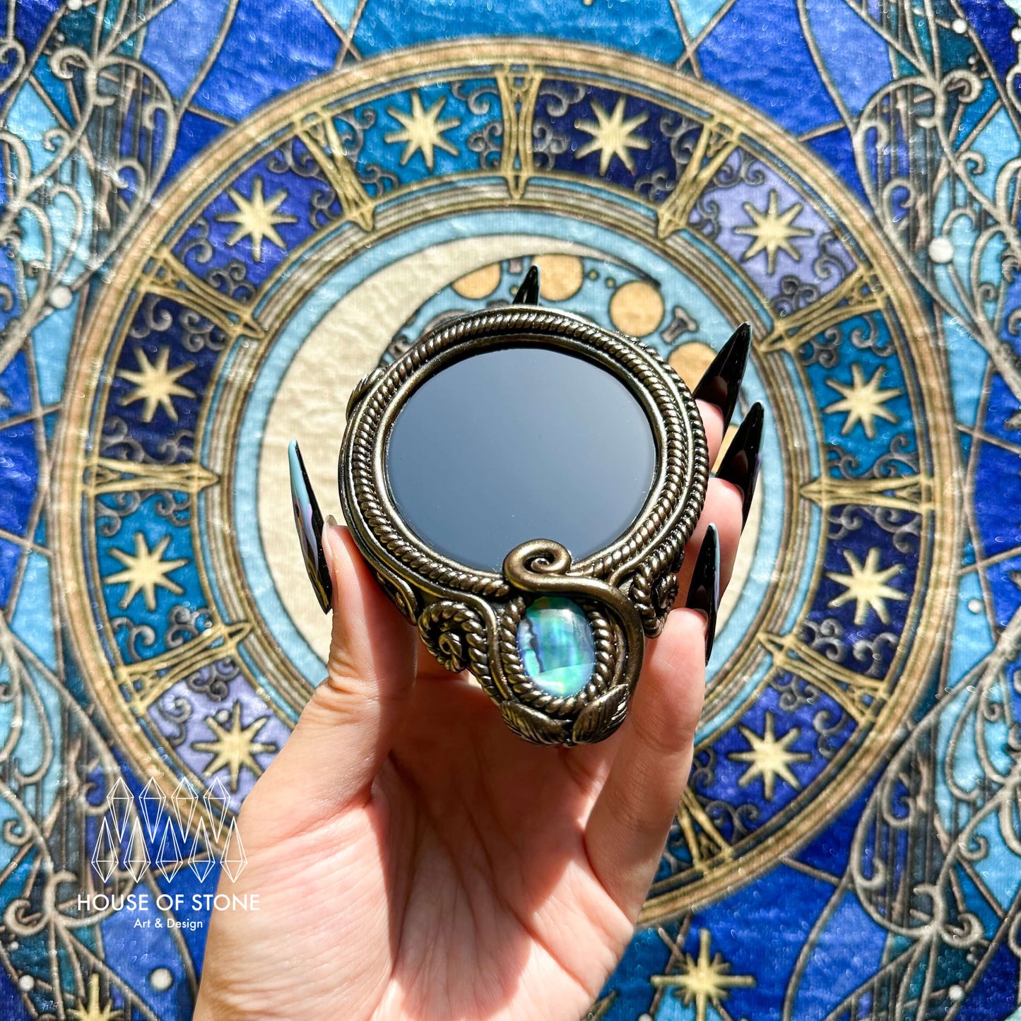 Handmade Natural Black Obsidian Pendant Necklace/Magic Obsidian Mirror Crystal Pendant/Scrying Mirror Abalone Shell Jewelry/Altar Tool