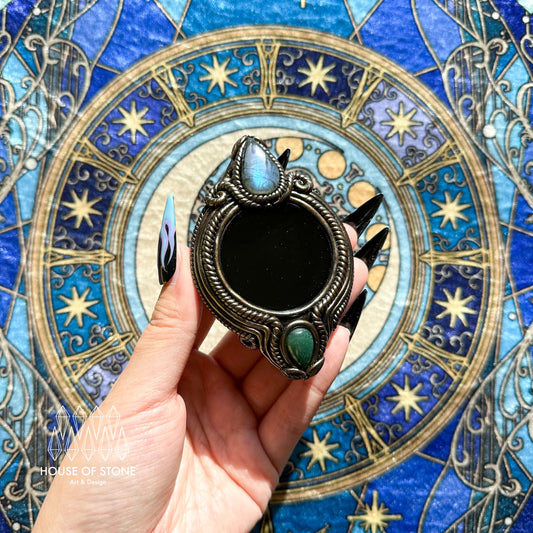 Handmade Natural Black Obsidian Pendant Necklace/Magic Obsidian Mirror Crystal Pendant/Scrying Mirror Labradorite Protection Jewelry/Altar Tool