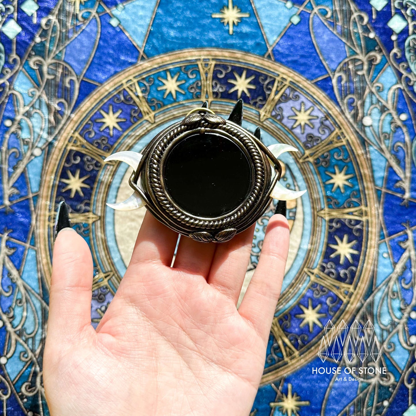 Handmade Natural Black Obsidian Triple Moon Pendant Necklace/Magic Obsidian Mirror Crystal Pendant/Scrying Mirror Protection Jewelry/Altar Tool