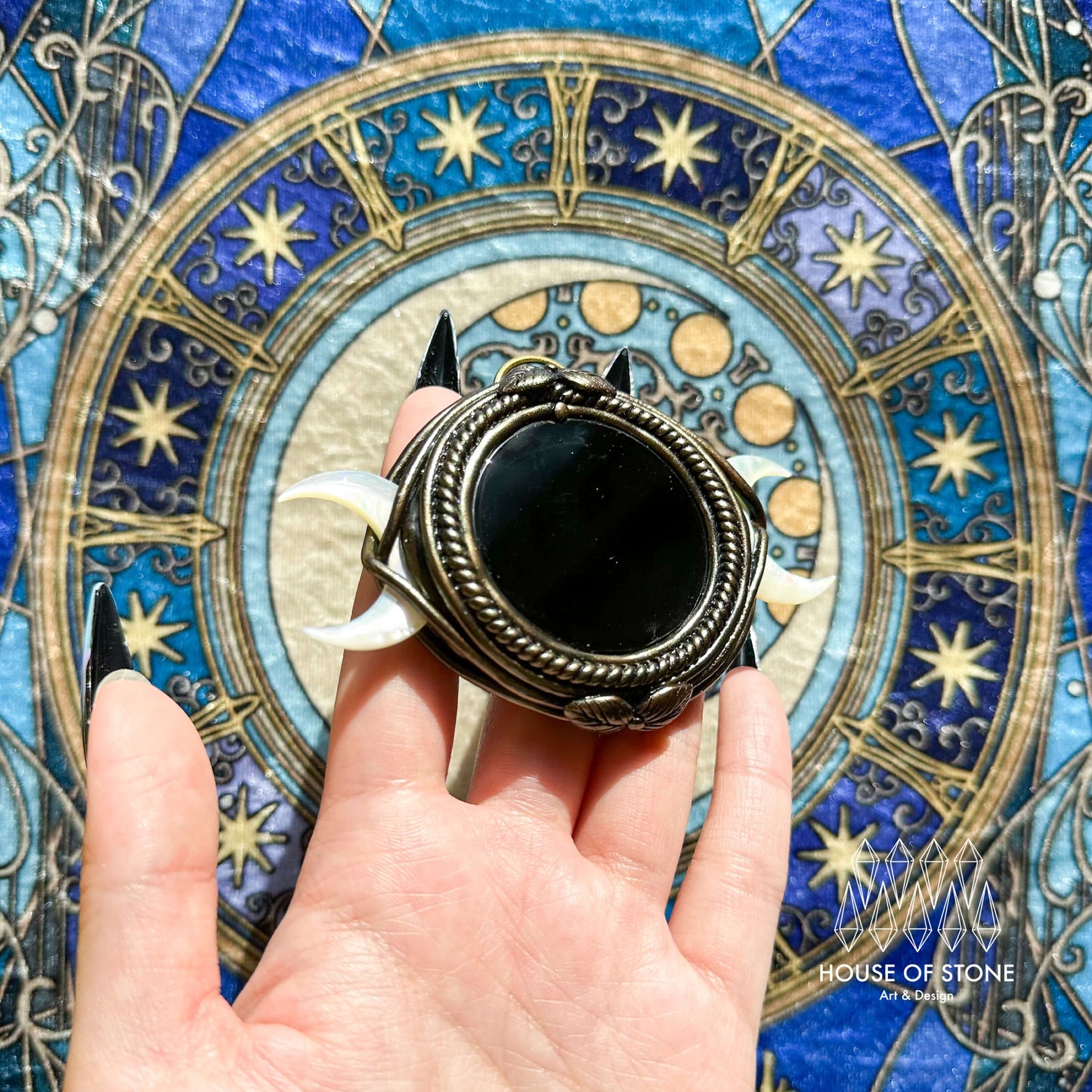 Handmade Natural Black Obsidian Triple Moon Pendant Necklace/Magic Obsidian Mirror Crystal Pendant/Scrying Mirror Protection Jewelry/Altar Tool