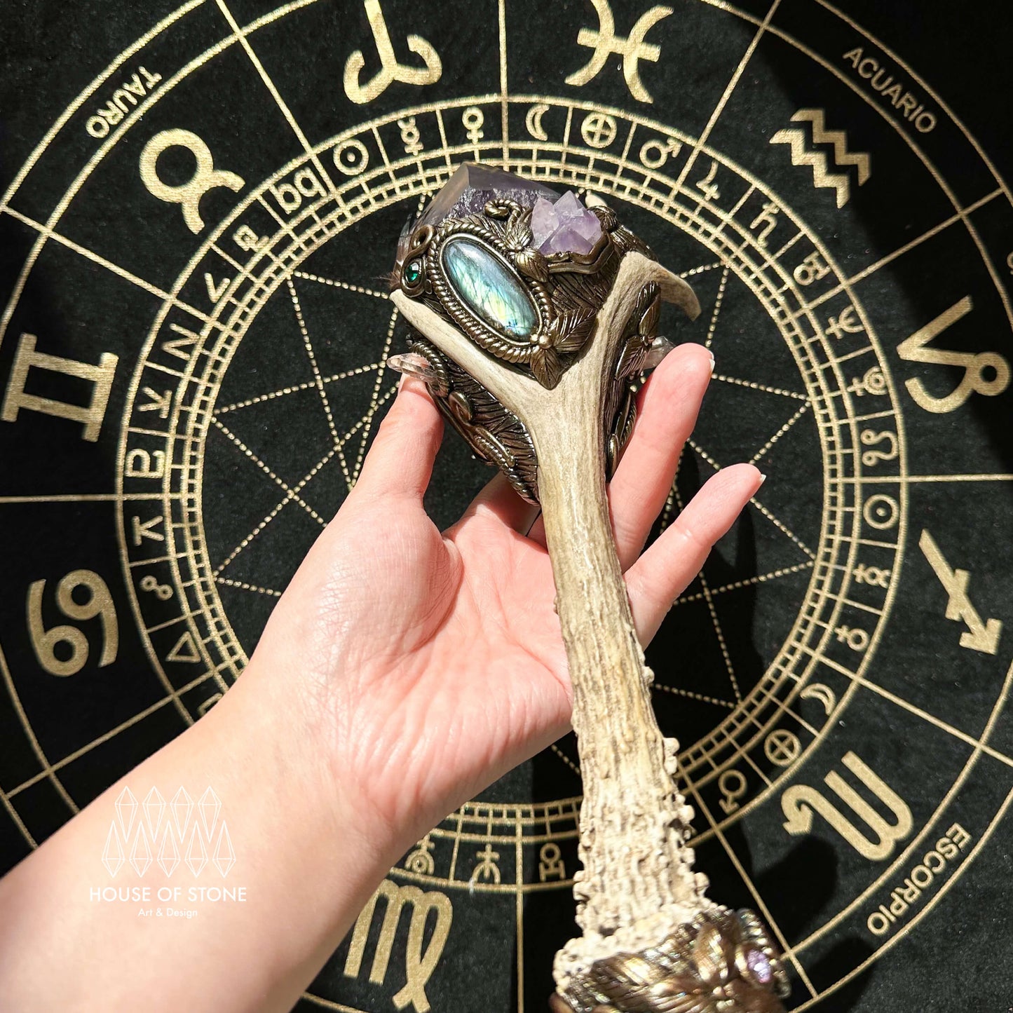 Natural Handmade Crystal Amethyst Antler Wand/Magic Clear Quartz Witch Wand/Labradorite Amethyst Garden Quartz Antler Stem/Chakra/Altar Tool