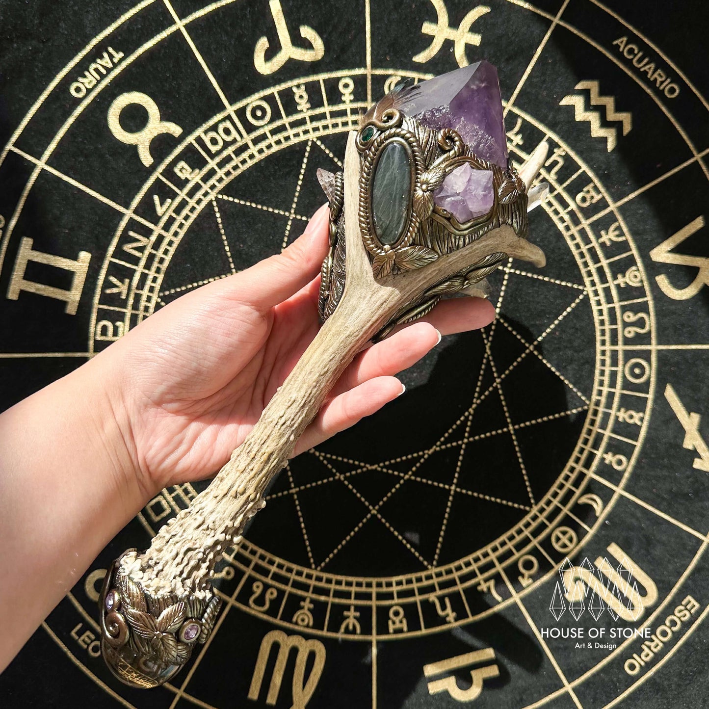 Natural Handmade Crystal Amethyst Antler Wand/Magic Clear Quartz Witch Wand/Labradorite Amethyst Garden Quartz Antler Stem/Chakra/Altar Tool