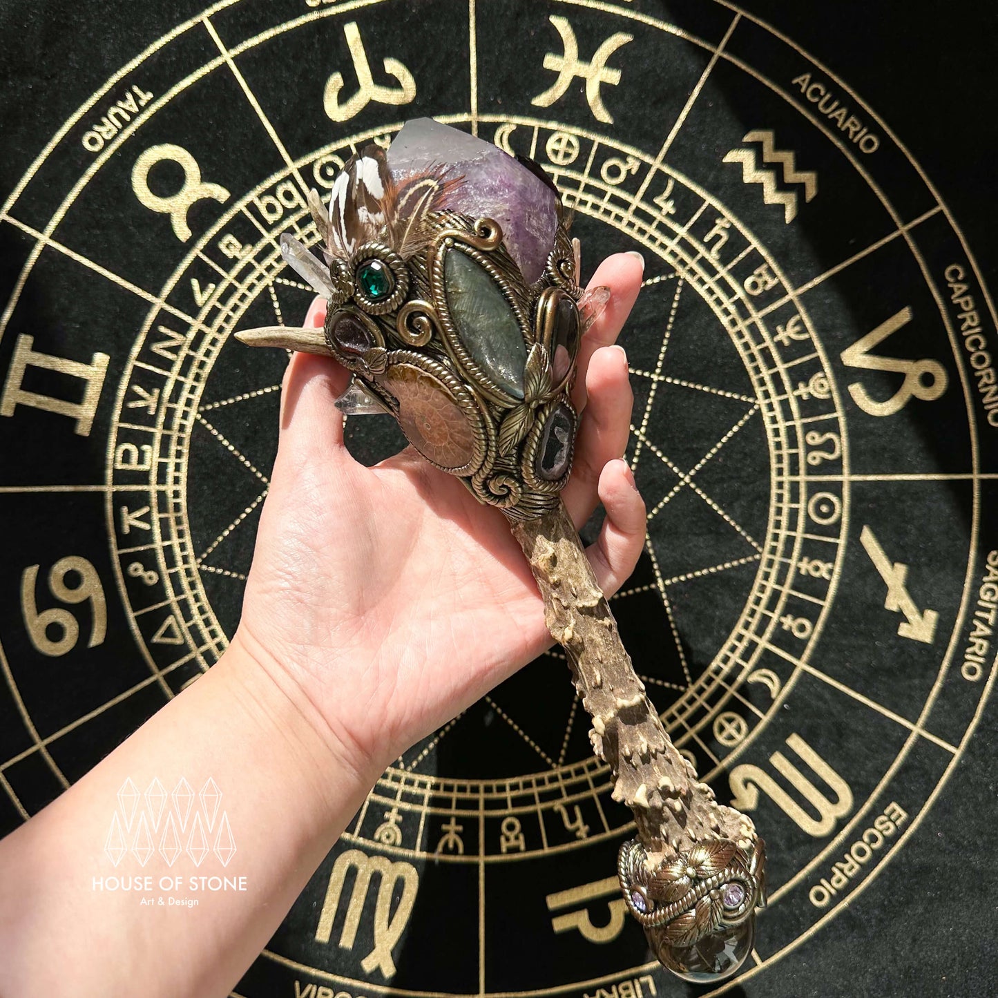 Natural Handmade Crystal Amethyst Antler Wand/Magic Clear Quartz Witch Wand/Labradorite Amethyst Garden Quartz Antler Stem/Chakra/Altar Tool