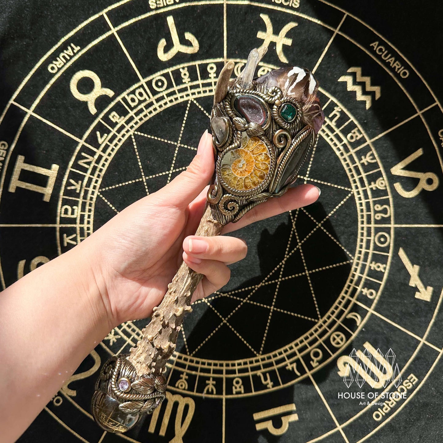 Natural Handmade Crystal Amethyst Antler Wand/Magic Clear Quartz Witch Wand/Labradorite Amethyst Garden Quartz Antler Stem/Chakra/Altar Tool