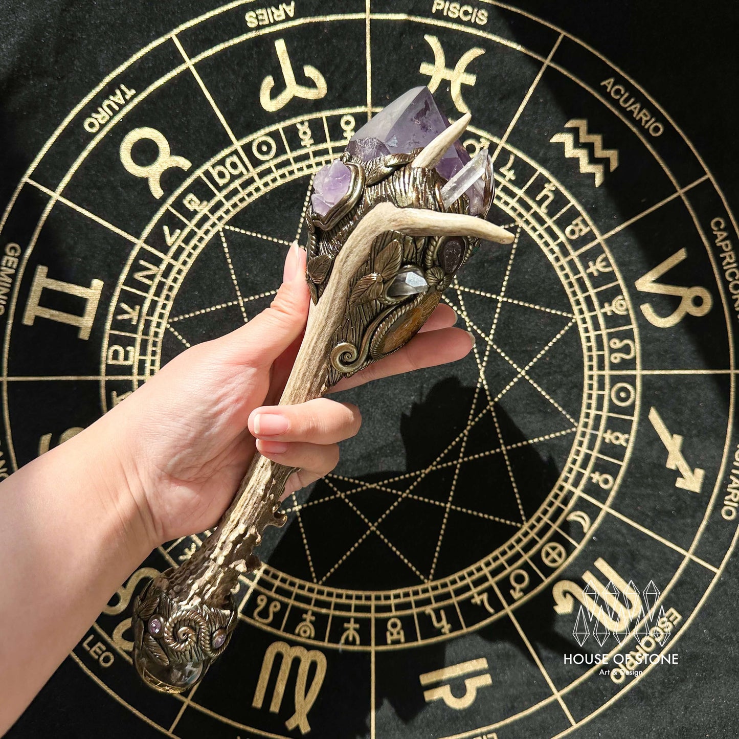 Natural Handmade Crystal Amethyst Antler Wand/Magic Clear Quartz Witch Wand/Labradorite Amethyst Garden Quartz Antler Stem/Chakra/Altar Tool