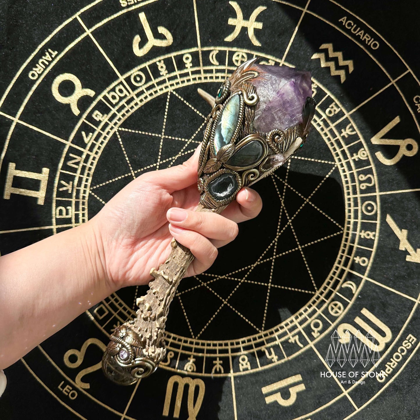 Natural Handmade Crystal Amethyst Antler Wand/Magic Clear Quartz Witch Wand/Labradorite Amethyst Garden Quartz Antler Stem/Chakra/Altar Tool