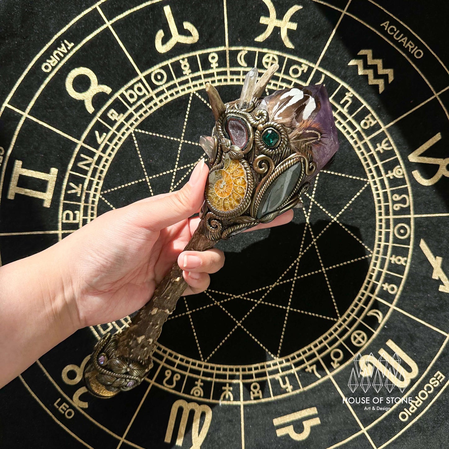 Natural Handmade Crystal Amethyst Antler Wand/Magic Clear Quartz Witch Wand/Labradorite Amethyst Garden Quartz Antler Stem/Chakra/Altar Tool