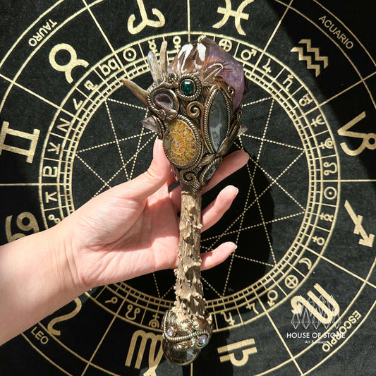 Natural Handmade Crystal Amethyst Antler Wand/Magic Clear Quartz Witch Wand/Labradorite Amethyst Garden Quartz Antler Stem/Chakra/Altar Tool