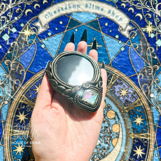 Handmade Natural Black Obsidian Pendant Necklace/Magic Obsidian Mirror Crystal Pendant/Scrying Mirror Labradorite Protection Jewelry/Altar Tool