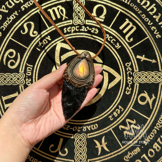 Natural Handmade Black Obsidian Arrowhead Pendant Necklace/Magic Crystal Double-sided Pendant/Labradorite Jewelry/Chakra/Altar Tool
