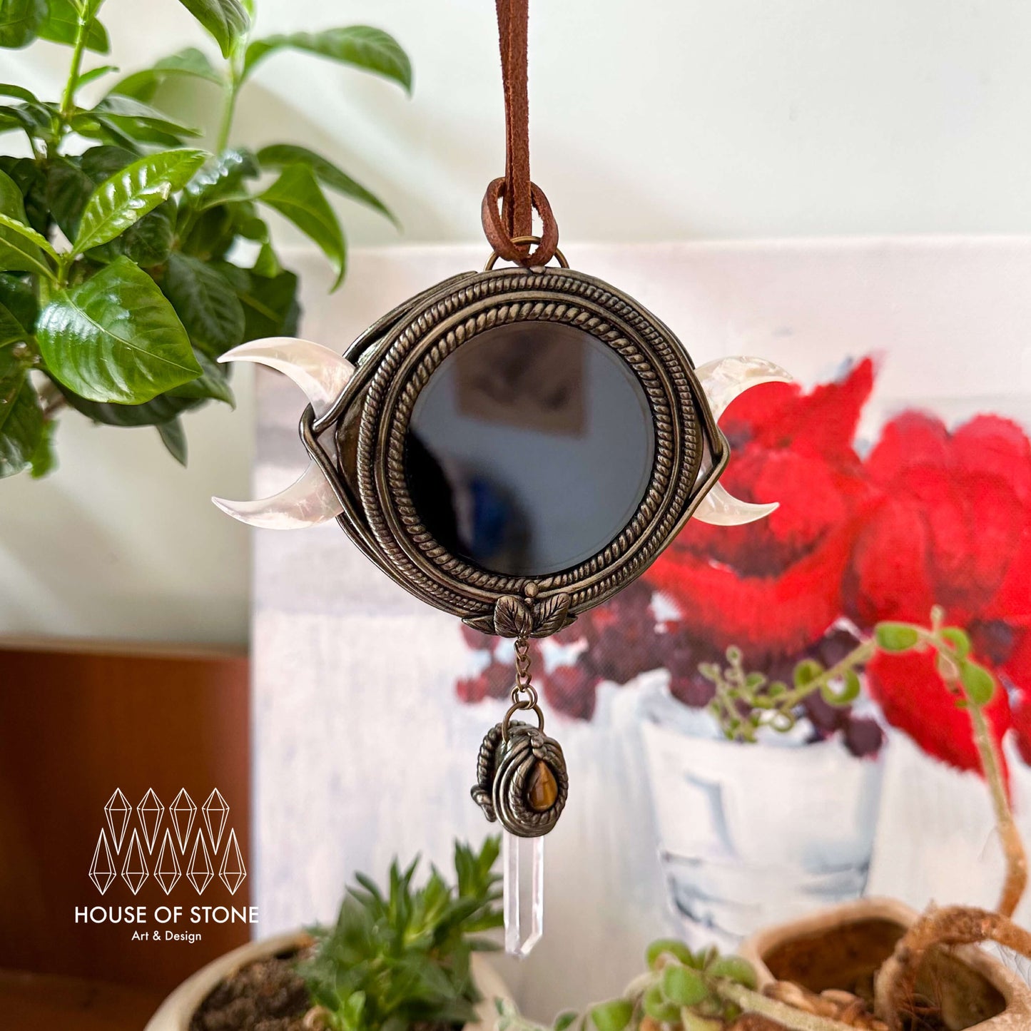 Handmade Natural Black Obsidian Triple Moon Pendant Necklace/Magic Obsidian Mirror Crystal Pendant/Scrying Mirror Protection Jewelry/Altar Tool