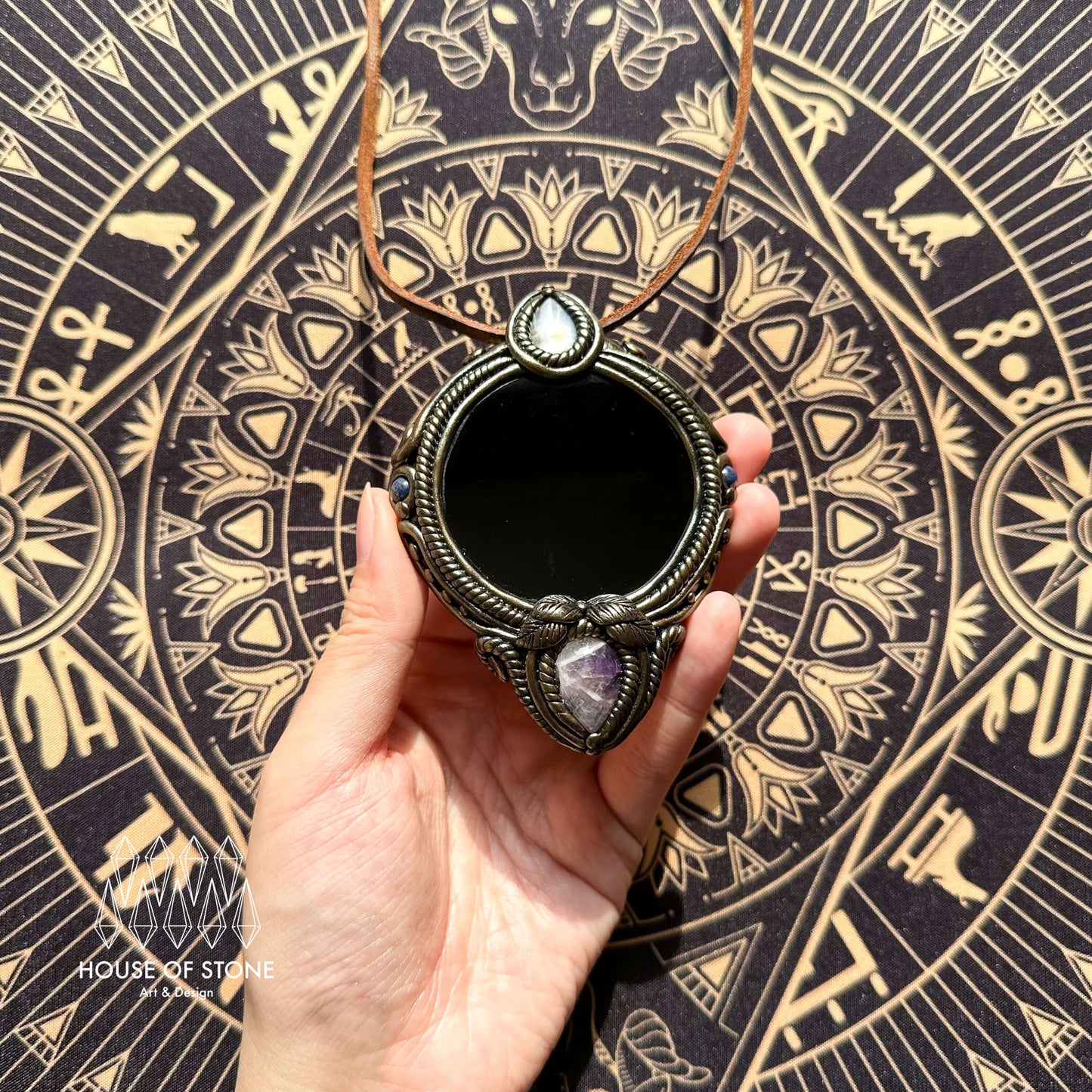 Handmade Natural Black Obsidian Pendant Necklace/Magic Obsidian Mirror Crystal Pendant/Scrying Mirror Labradorite Protection Jewelry/Altar Tool