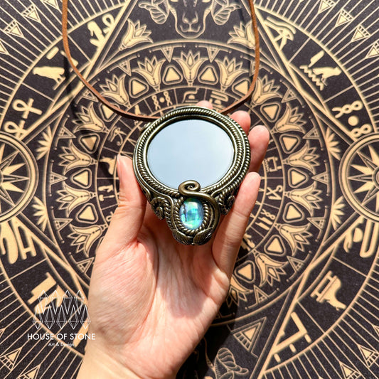 Handmade Natural Black Obsidian Pendant Necklace/Magic Obsidian Mirror Crystal Pendant/Scrying Mirror Abalone Shell Jewelry/Altar Tool