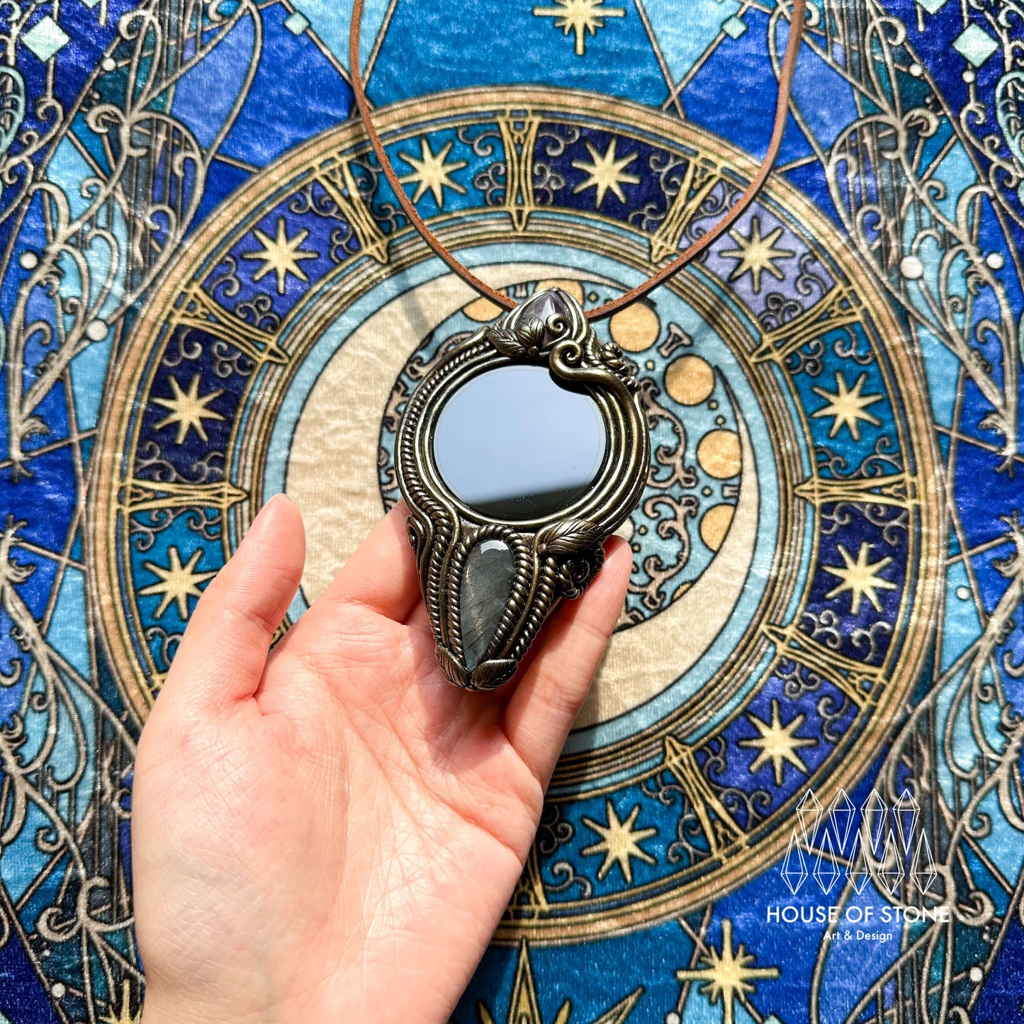 Handmade Natural Black Obsidian Pendant Necklace/Magic Obsidian Mirror Crystal Pendant/Scrying Mirror Labradorite Protection Jewelry/Altar Tool