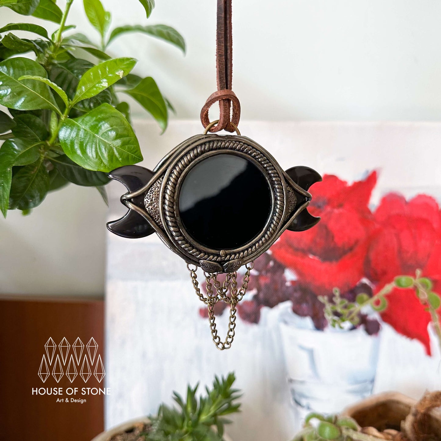 Handmade Natural Black Obsidian Triple Moon Pendant Necklace/Magic Obsidian Mirror Crystal Pendant/Scrying Mirror Protection Jewelry/Altar Tool