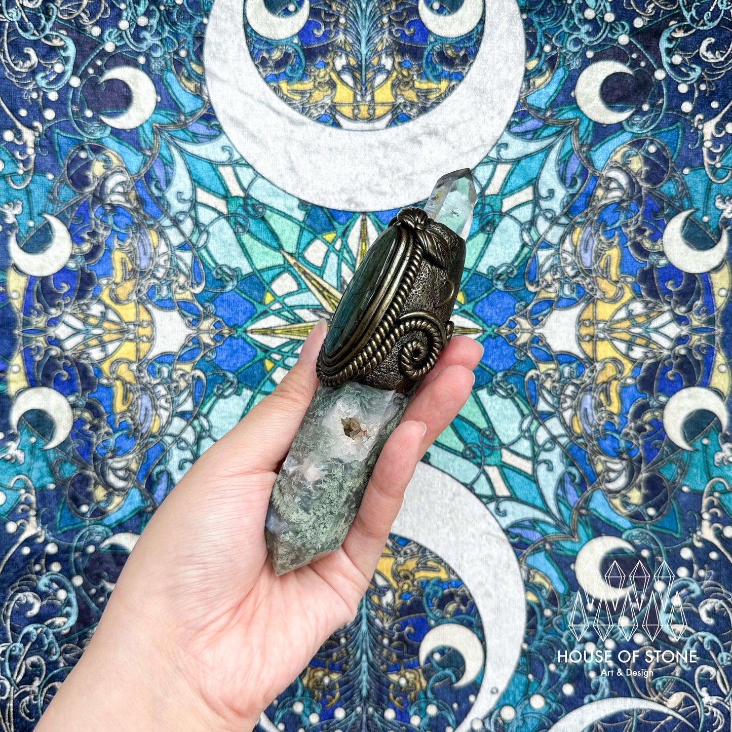 Handmade Natural Moss Agate Pendant Necklace/Magic Herkimer Diamond Protection Pendant/Amulet Talisman Jewelry/Heart Chakra/Altar Tool