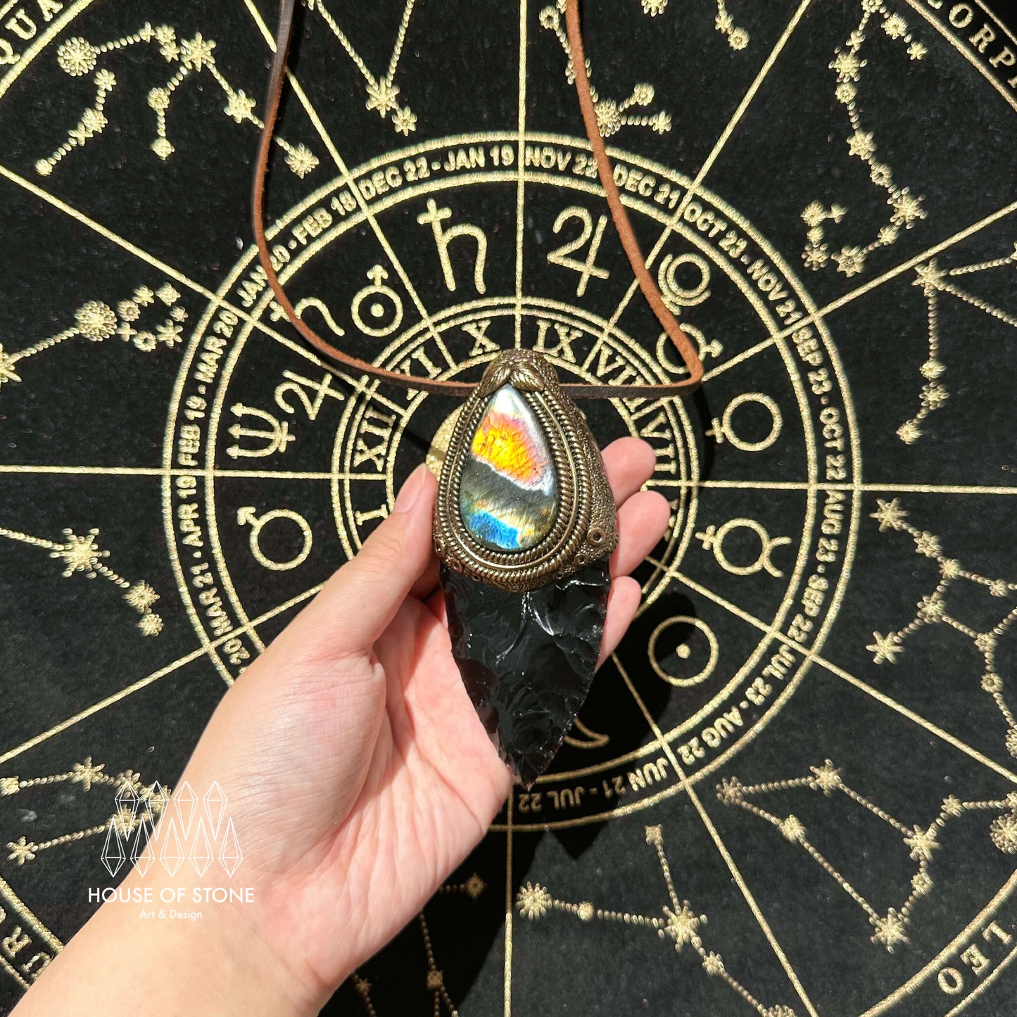 Natural Handmade Black Obsidian Pendant Necklace/Magic Crystal Double-sided Pendant/Labradorite Tigers Eye Jasper Jewelry/Chakra/Altar Tool