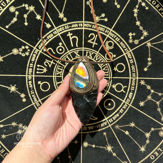 Natural Handmade Black Obsidian Pendant Necklace/Magic Crystal Double-sided Pendant/Labradorite Tigers Eye Jasper Jewelry/Chakra/Altar Tool