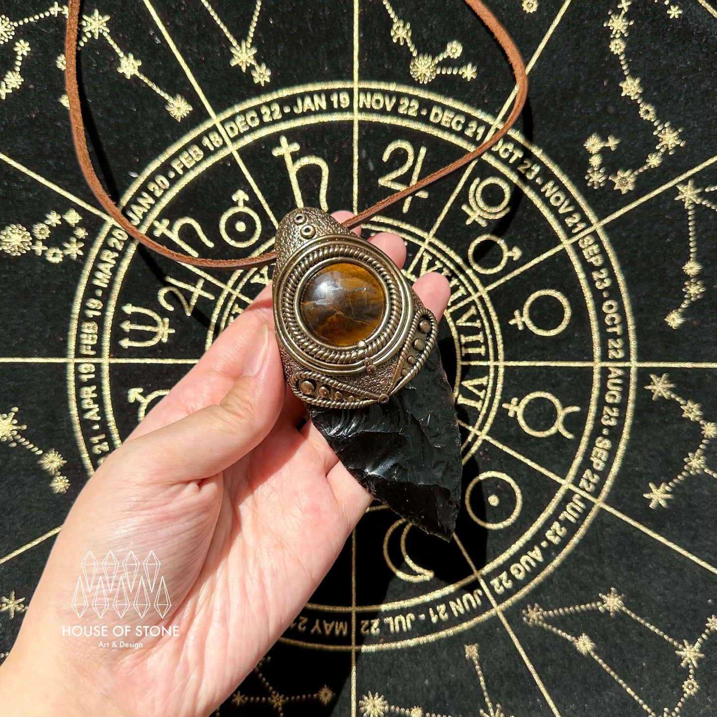 Natural Handmade Black Obsidian Pendant Necklace/Magic Crystal Double-sided Pendant/Labradorite Tigers Eye Jasper Jewelry/Chakra/Altar Tool