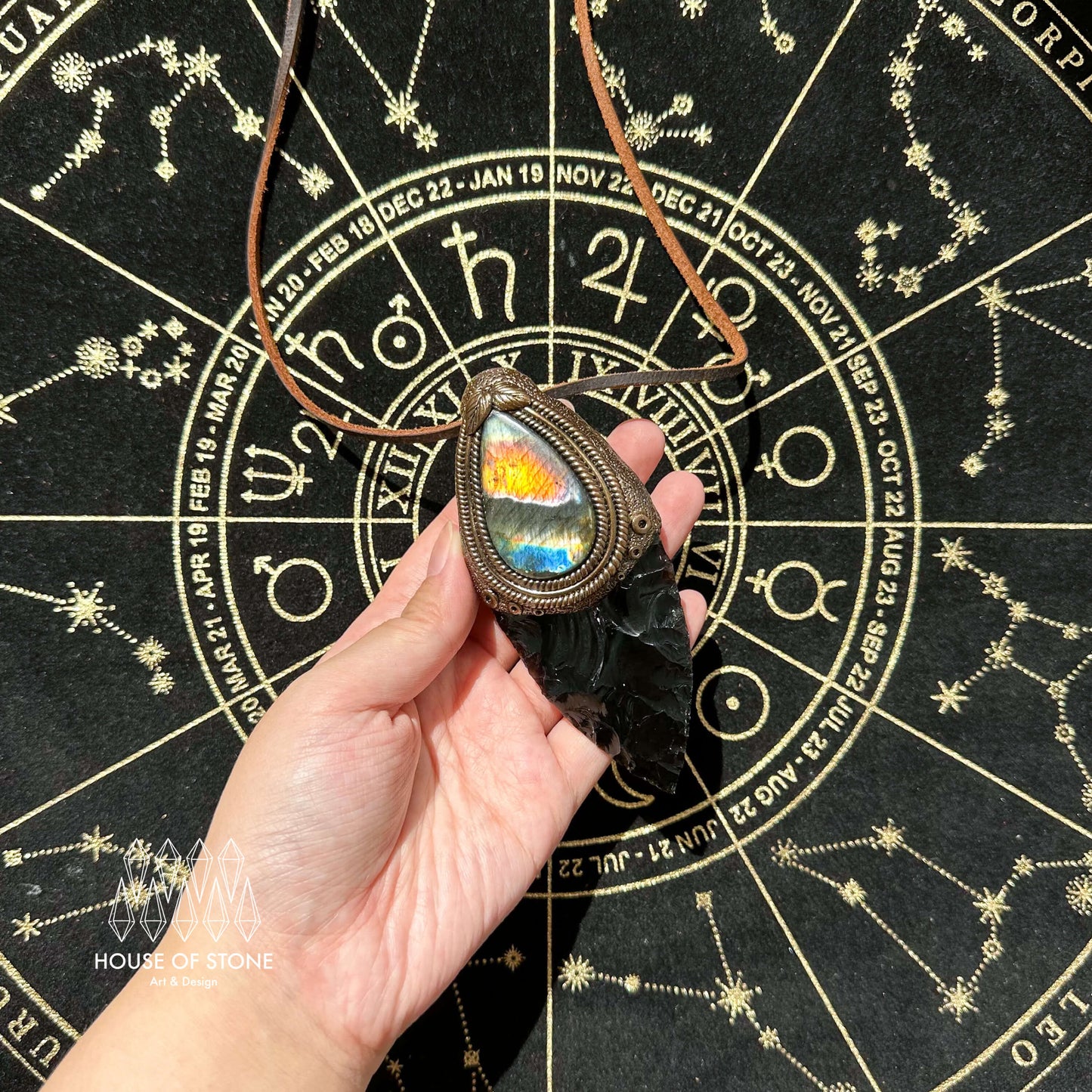 Natural Handmade Black Obsidian Pendant Necklace/Magic Crystal Double-sided Pendant/Labradorite Tigers Eye Jasper Jewelry/Chakra/Altar Tool