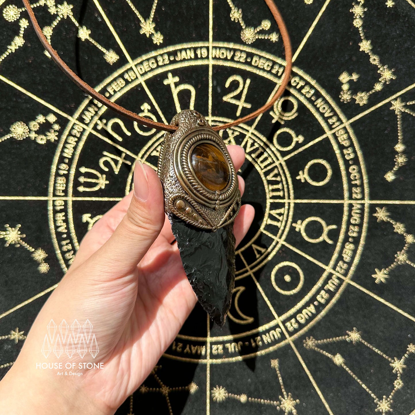 Natural Handmade Black Obsidian Pendant Necklace/Magic Crystal Double-sided Pendant/Labradorite Tigers Eye Jasper Jewelry/Chakra/Altar Tool