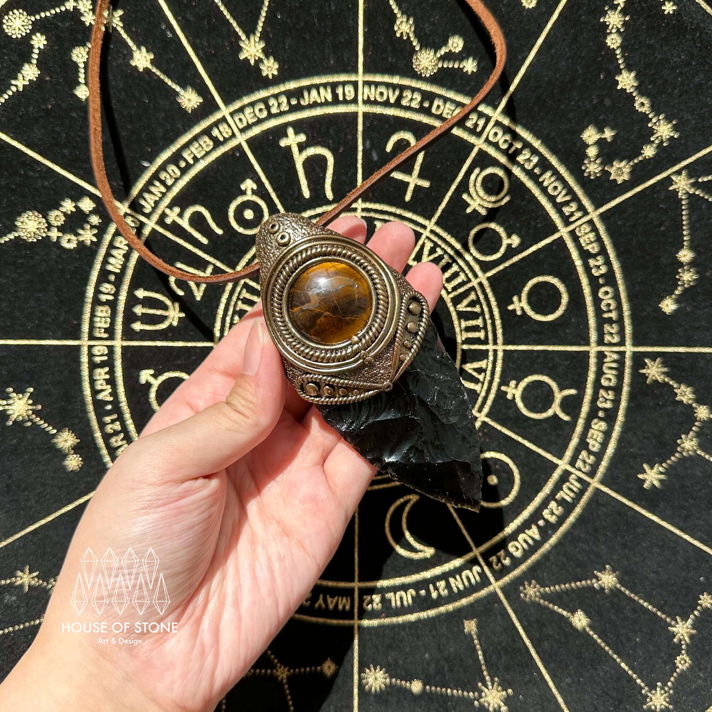 Natural Handmade Black Obsidian Pendant Necklace/Magic Crystal Double-sided Pendant/Labradorite Tigers Eye Jasper Jewelry/Chakra/Altar Tool