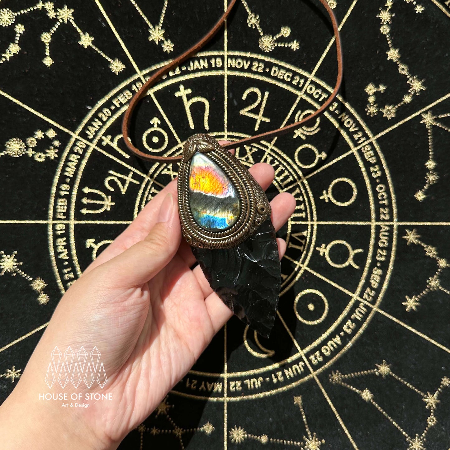 Natural Handmade Black Obsidian Pendant Necklace/Magic Crystal Double-sided Pendant/Labradorite Tigers Eye Jasper Jewelry/Chakra/Altar Tool