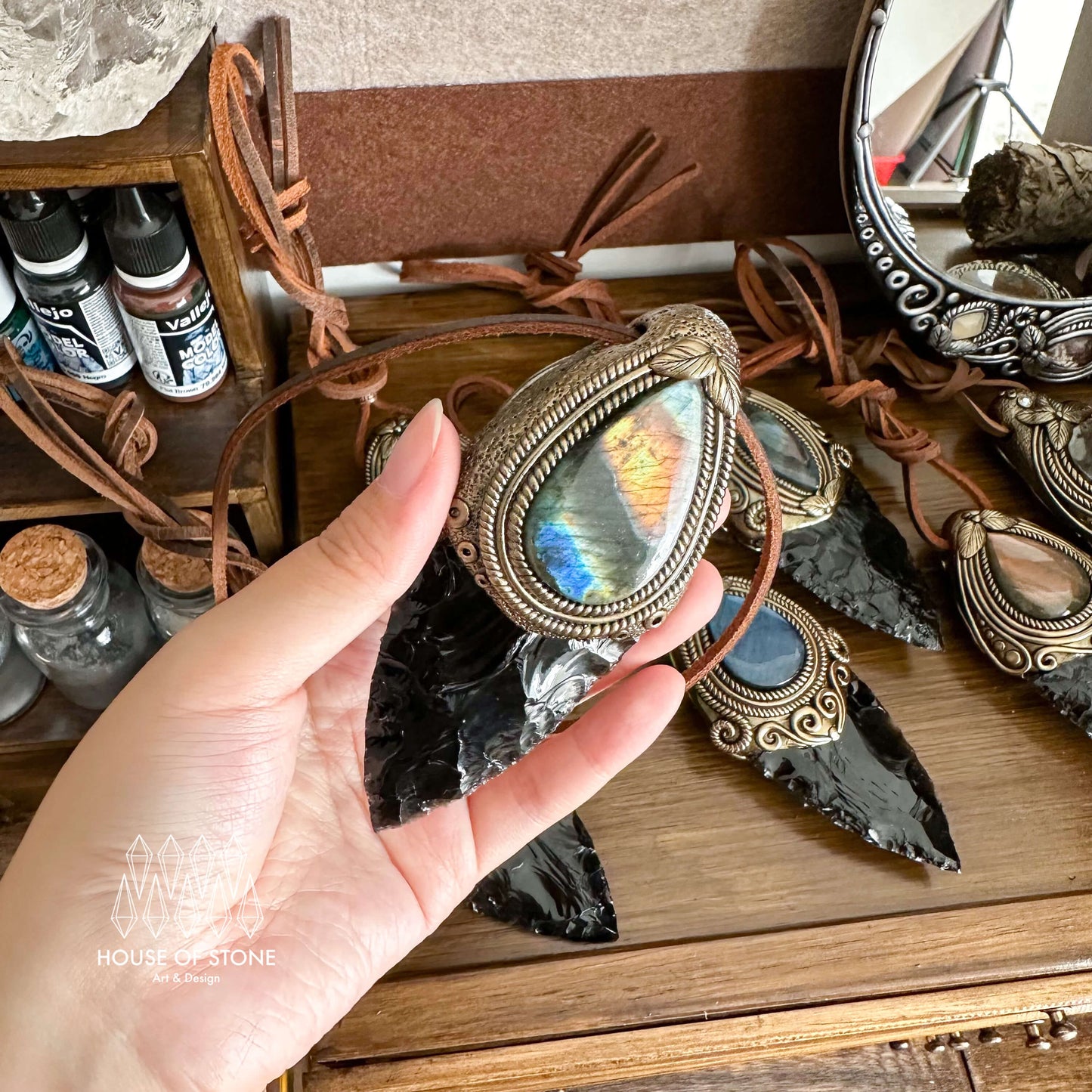 Natural Handmade Black Obsidian Pendant Necklace/Magic Crystal Double-sided Pendant/Labradorite Tigers Eye Jasper Jewelry/Chakra/Altar Tool