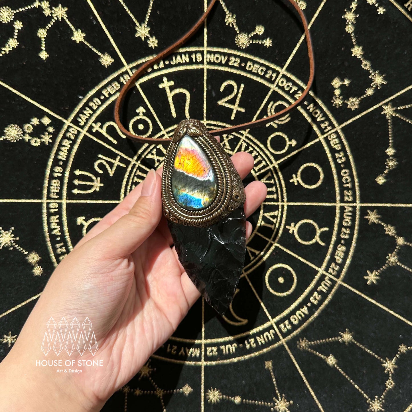 Natural Handmade Black Obsidian Pendant Necklace/Magic Crystal Double-sided Pendant/Labradorite Tigers Eye Jasper Jewelry/Chakra/Altar Tool