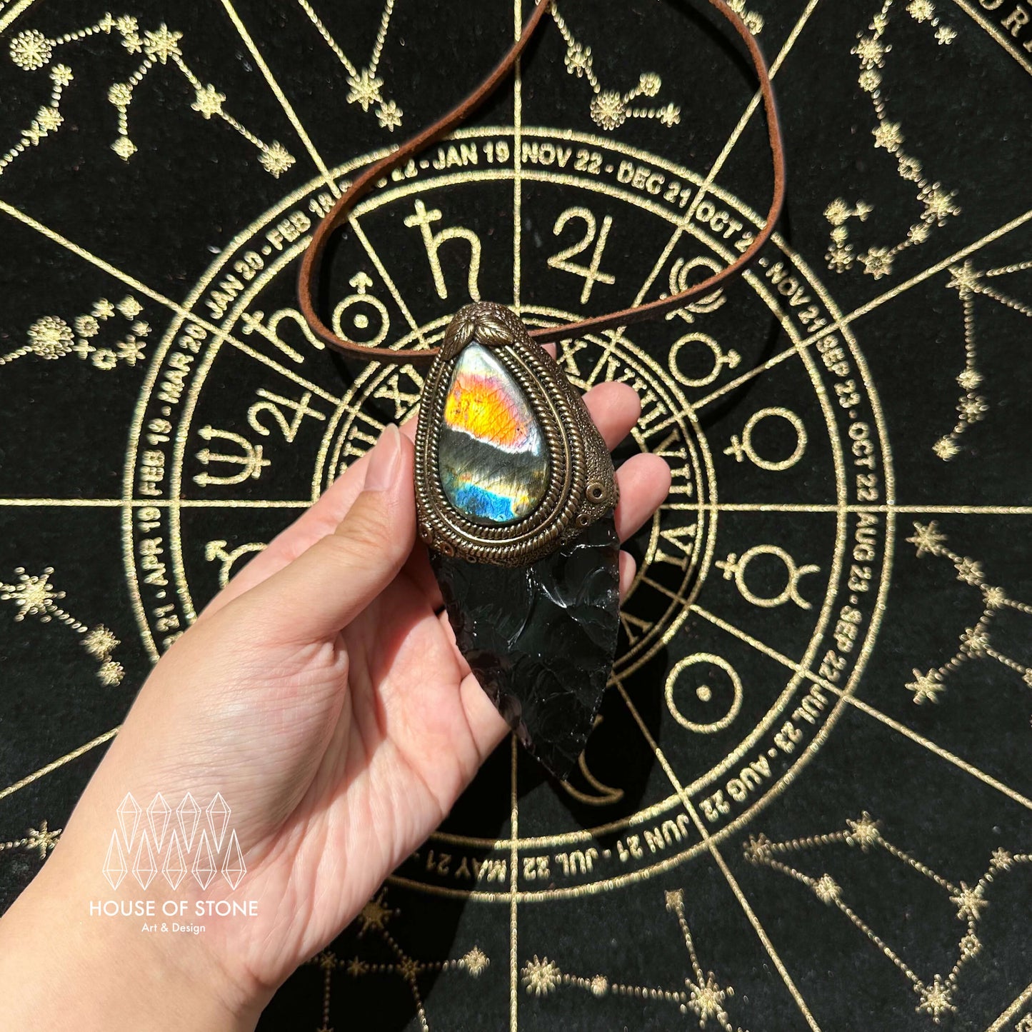 Natural Handmade Black Obsidian Pendant Necklace/Magic Crystal Double-sided Pendant/Labradorite Tigers Eye Jasper Jewelry/Chakra/Altar Tool