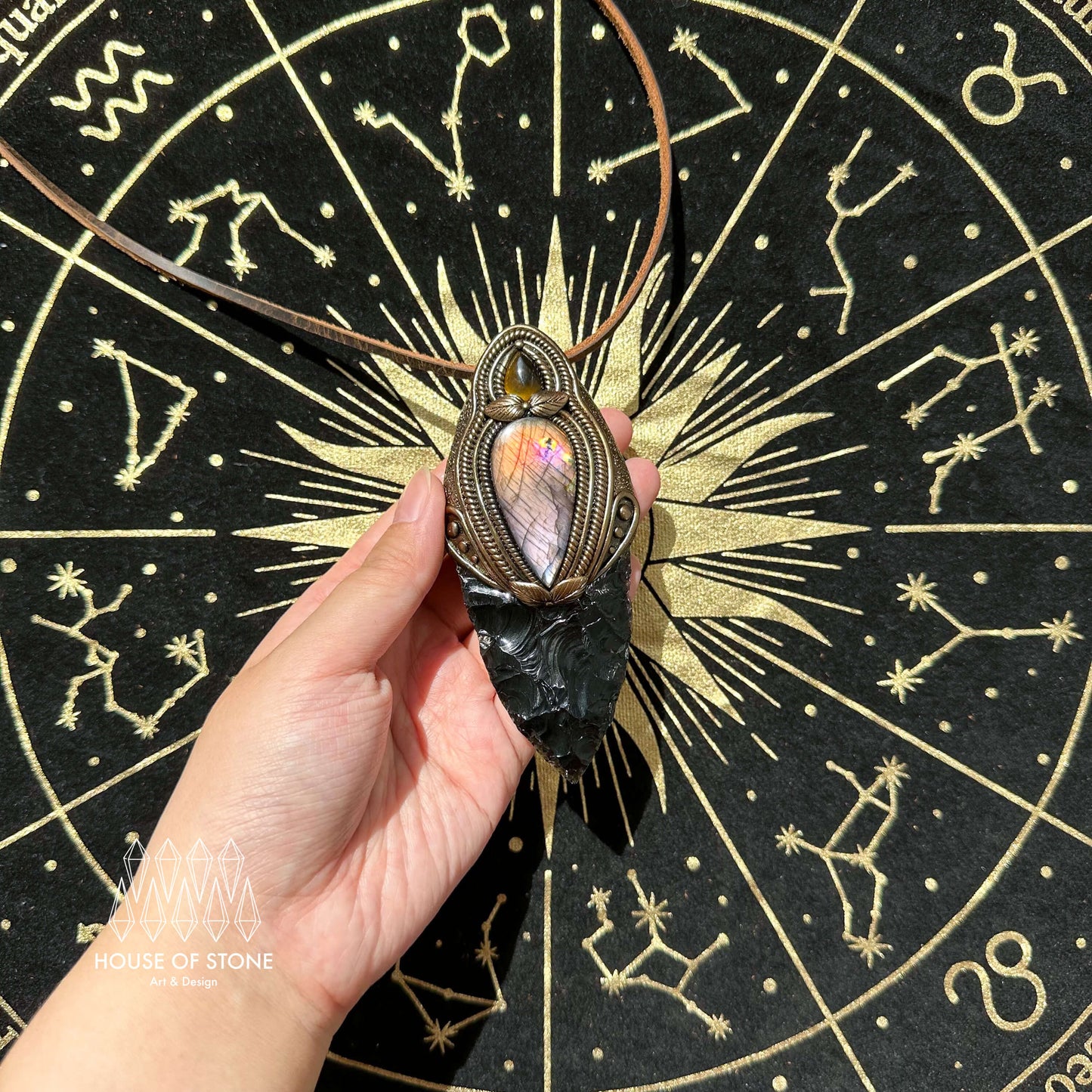 Natural Handmade Black Obsidian Pendant Necklace/Magic Crystal Double-sided Pendant/Labradorite Tigers Eye Jasper Jewelry/Chakra/Altar Tool