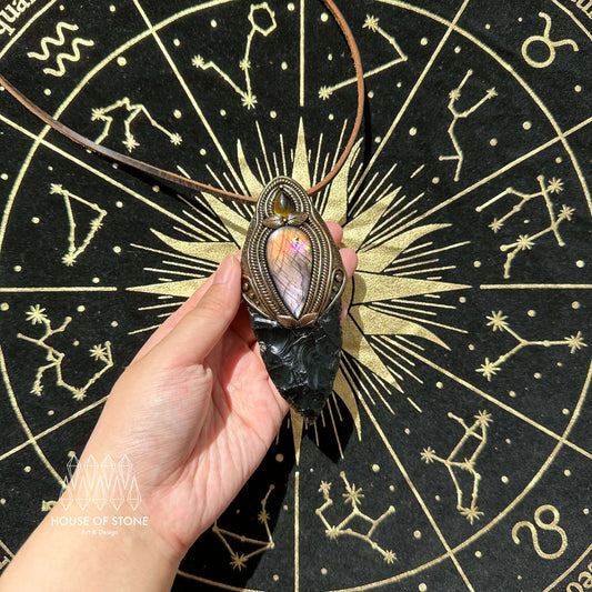 Natural Handmade Black Obsidian Pendant Necklace/Magic Crystal Double-sided Pendant/Labradorite Tigers Eye Jasper Jewelry/Chakra/Altar Tool