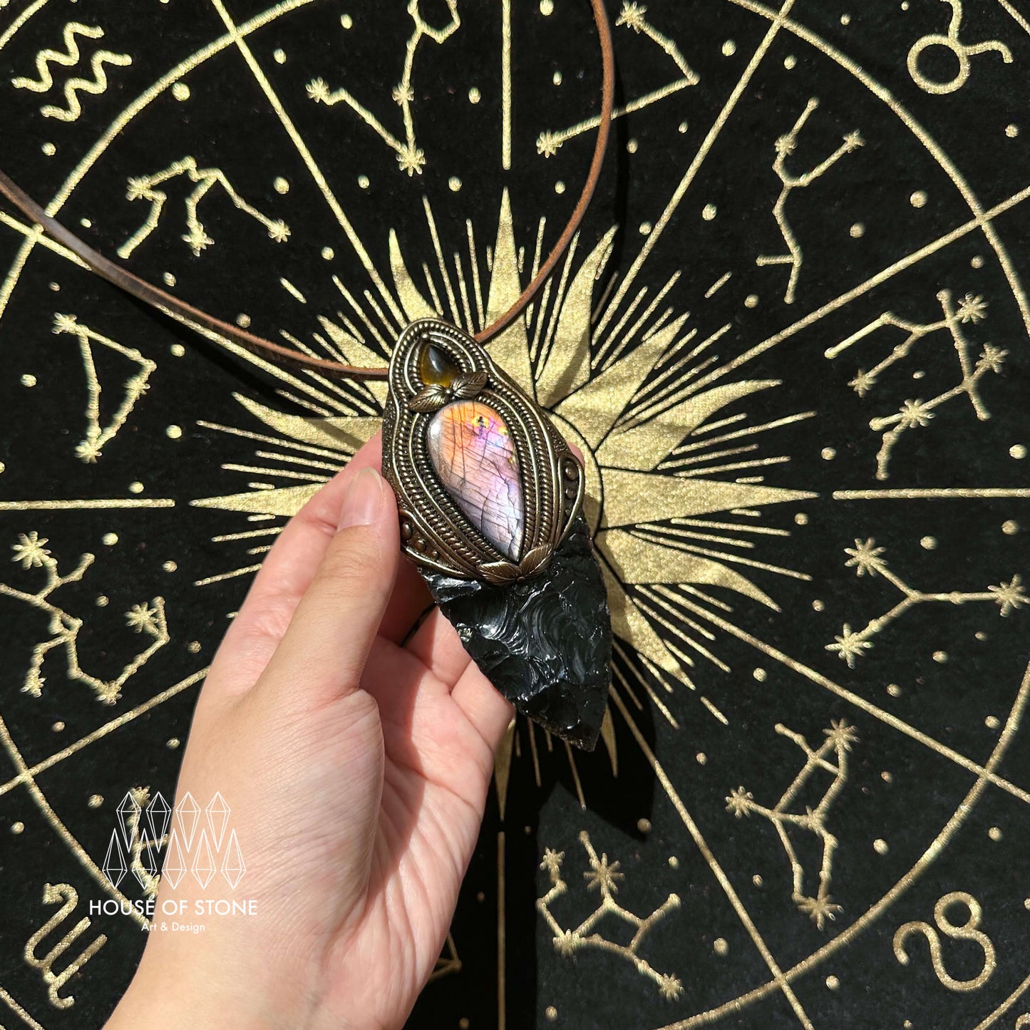 Natural Handmade Black Obsidian Pendant Necklace/Magic Crystal Double-sided Pendant/Labradorite Tigers Eye Jasper Jewelry/Chakra/Altar Tool