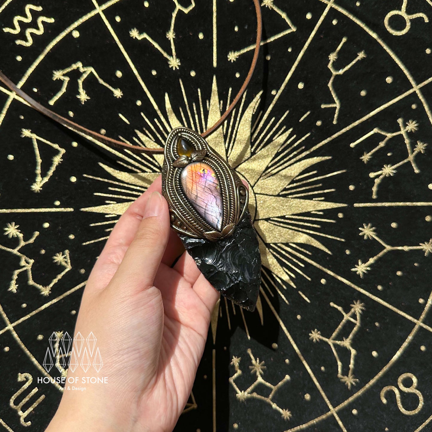 Natural Handmade Black Obsidian Pendant Necklace/Magic Crystal Double-sided Pendant/Labradorite Tigers Eye Jasper Jewelry/Chakra/Altar Tool