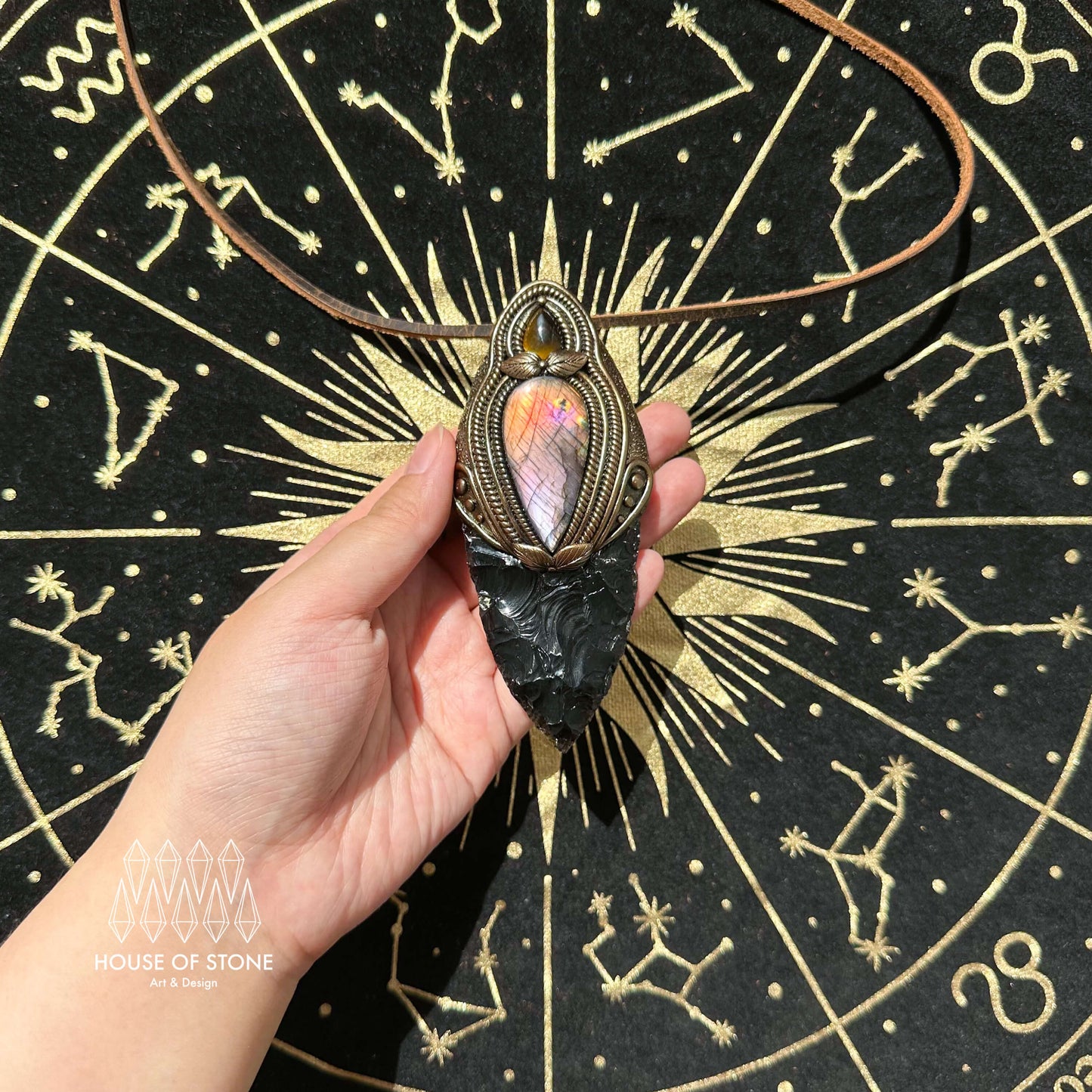 Natural Handmade Black Obsidian Pendant Necklace/Magic Crystal Double-sided Pendant/Labradorite Tigers Eye Jasper Jewelry/Chakra/Altar Tool