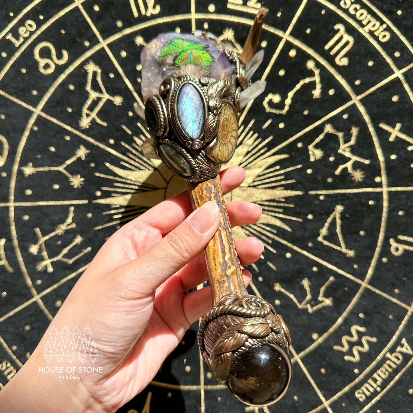 Natural Handmade Crystal Amethyst Antler Wand/Magic Clear Quartz Witch Wand/Labradorite Amethyst Ammonite Antler Stem/Chakra/Altar Tool
