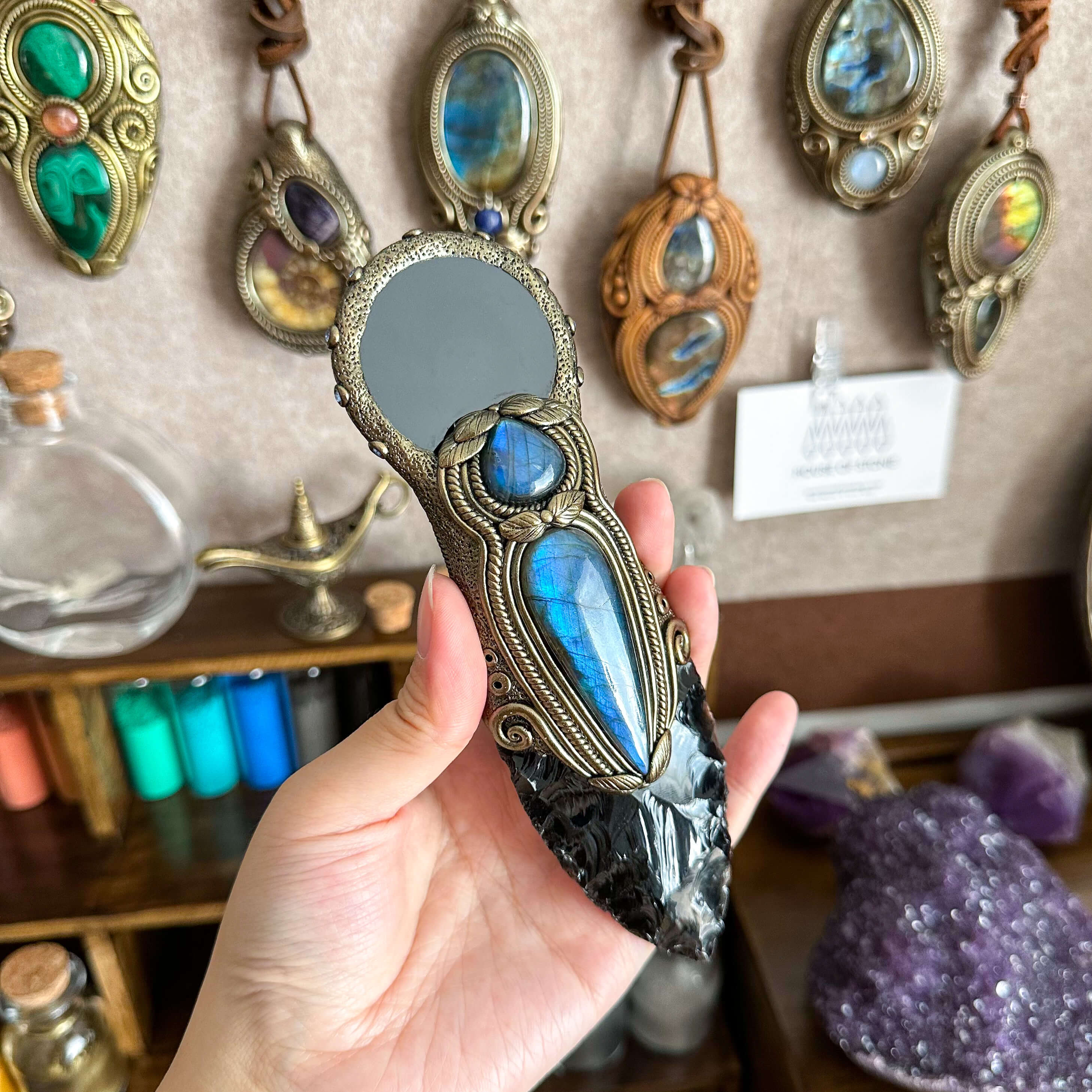 Scrying Design Natural Handmade Black Obsidian Wand Knife/Magic Scrying Mirror Witch ...