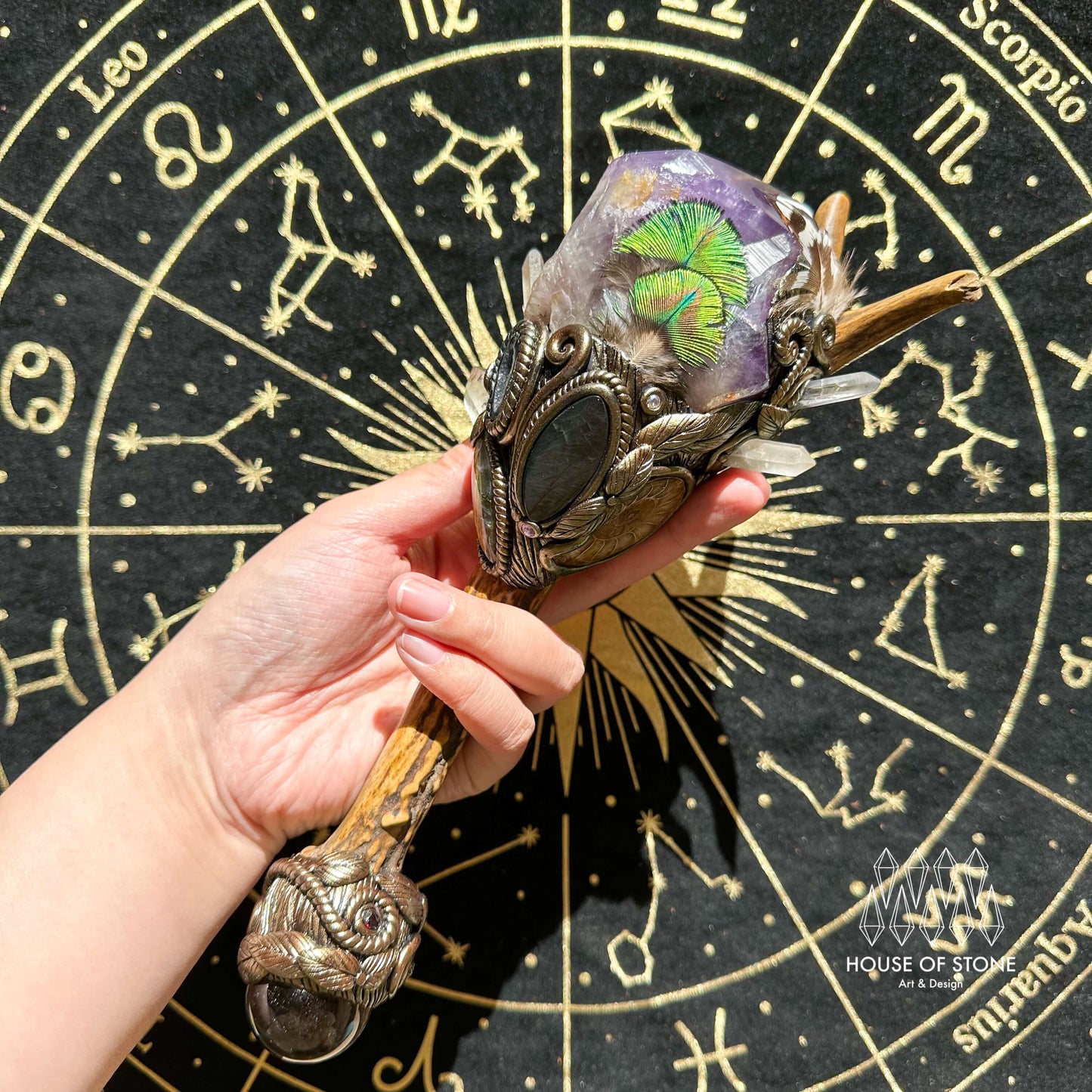 Natural Handmade Crystal Amethyst Antler Wand/Magic Clear Quartz Witch Wand/Labradorite Amethyst Ammonite Antler Stem/Chakra/Altar Tool