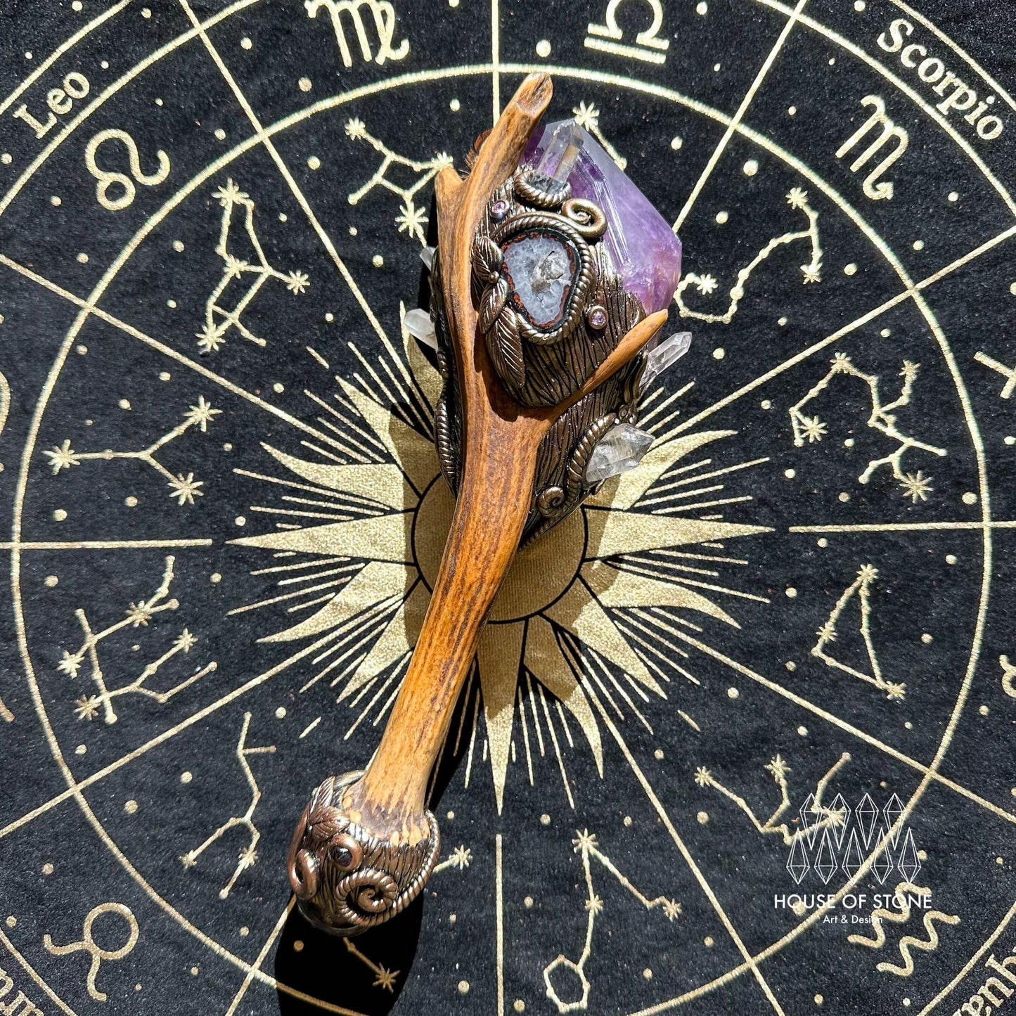 Natural Handmade Crystal Amethyst Antler Wand/Magic Clear Quartz Witch Wand/Labradorite Amethyst Ammonite Antler Stem/Chakra/Altar Tool