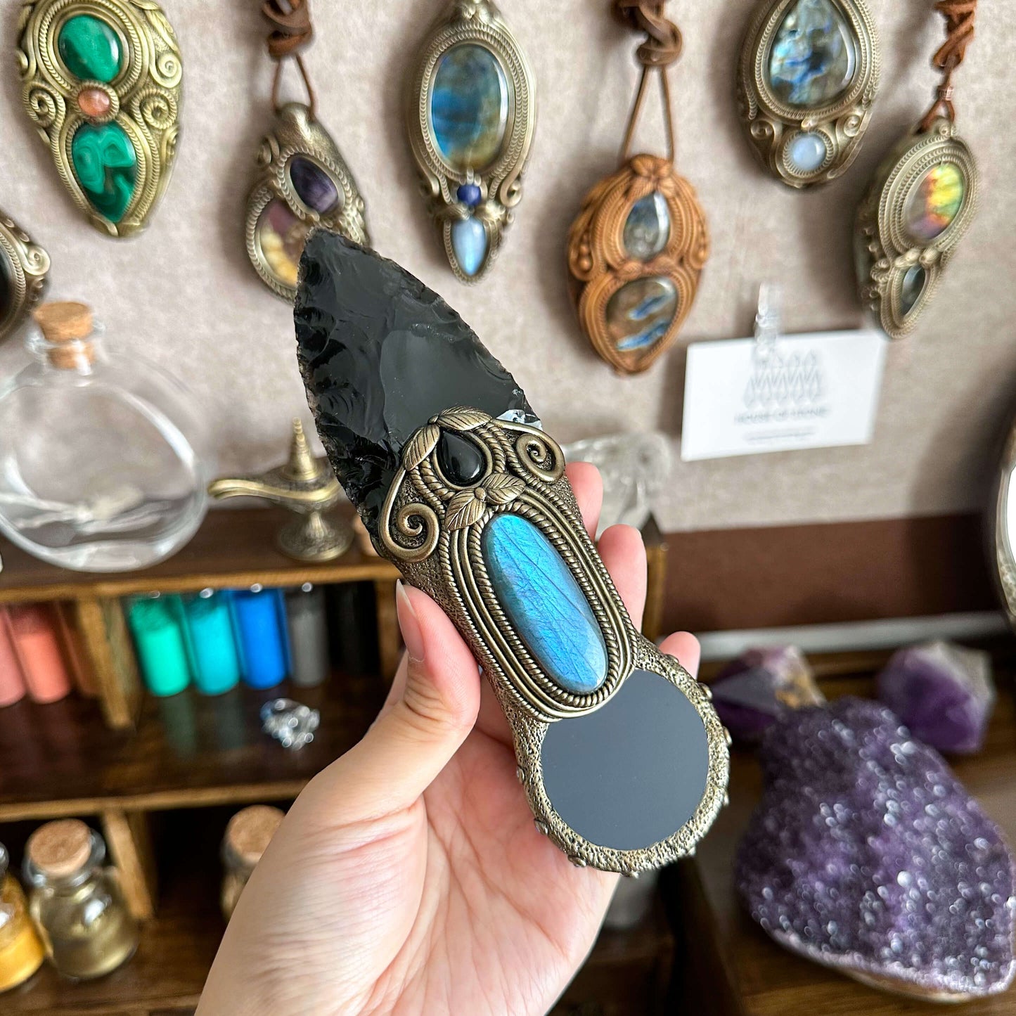 Natural Handmade Black Obsidian Wand Knife/Magic Scrying Mirror Witch Crystal Wand Dagger/Boho Labradorite Wand/Chakra/Manifest Altar Tool