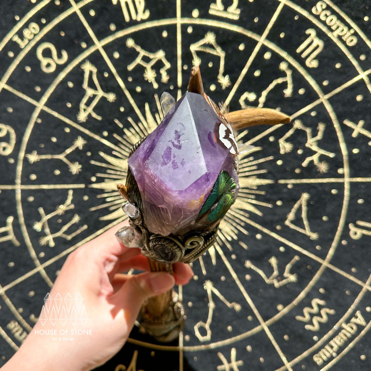 Natural Handmade Crystal Amethyst Antler Wand/Magic Clear Quartz Witch Wand/Labradorite Amethyst Ammonite Antler Stem/Chakra/Altar Tool