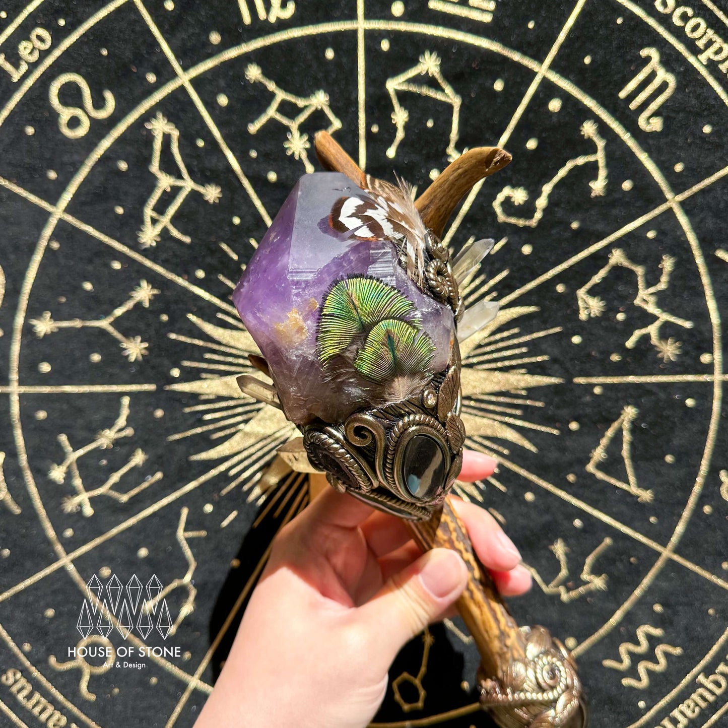 Natural Handmade Crystal Amethyst Antler Wand/Magic Clear Quartz Witch Wand/Labradorite Amethyst Ammonite Antler Stem/Chakra/Altar Tool