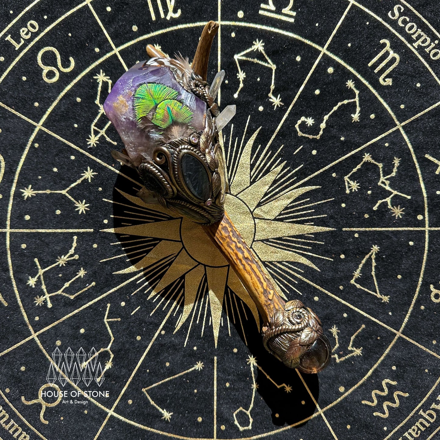 Natural Handmade Crystal Amethyst Antler Wand/Magic Clear Quartz Witch Wand/Labradorite Amethyst Ammonite Antler Stem/Chakra/Altar Tool